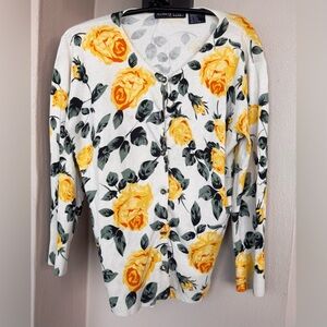 NicKnits by Nicole Miller Cardigan Silk Blend Cream Yellow Floral Y2K Small